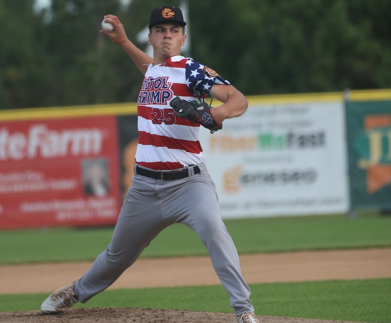 Illinois Valley Pistol Shrimp's Beau Raikes of Sheridan, lets go of a throw during First Responder night on Tuesday, June 16, 2026 at Schweickert Stadium in Peru.