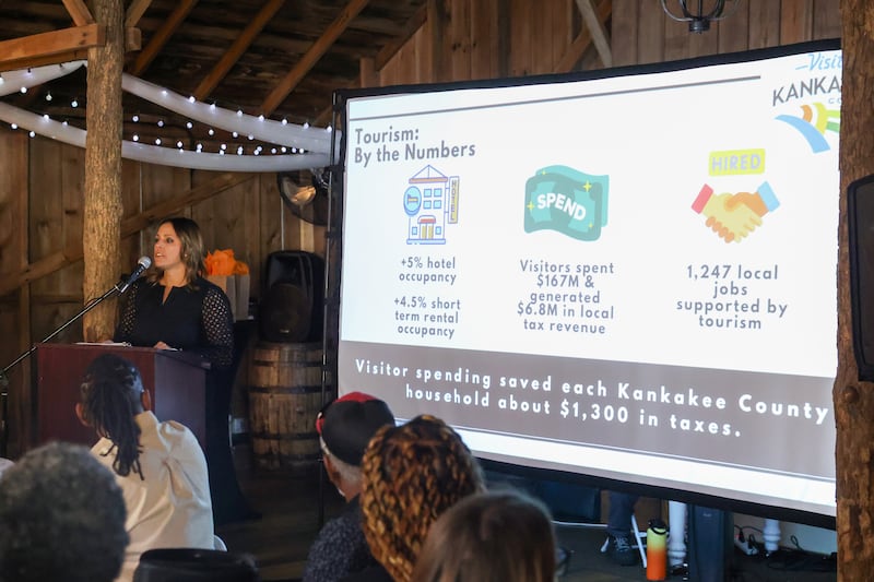 Nicole Gavin, executive director of Visit Kankakee County, gives a report on tourism numbers during the organization's annual luncheon on Wednesday, Oct. 8, 2025, at Deer Ridge Barn in Limestone.