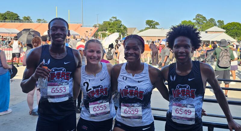 The Vipers Track Club 4x400 mixed relay team of, from left, Clifton Martin, Madalyn Marx, Trinity Noble and Damir Harris