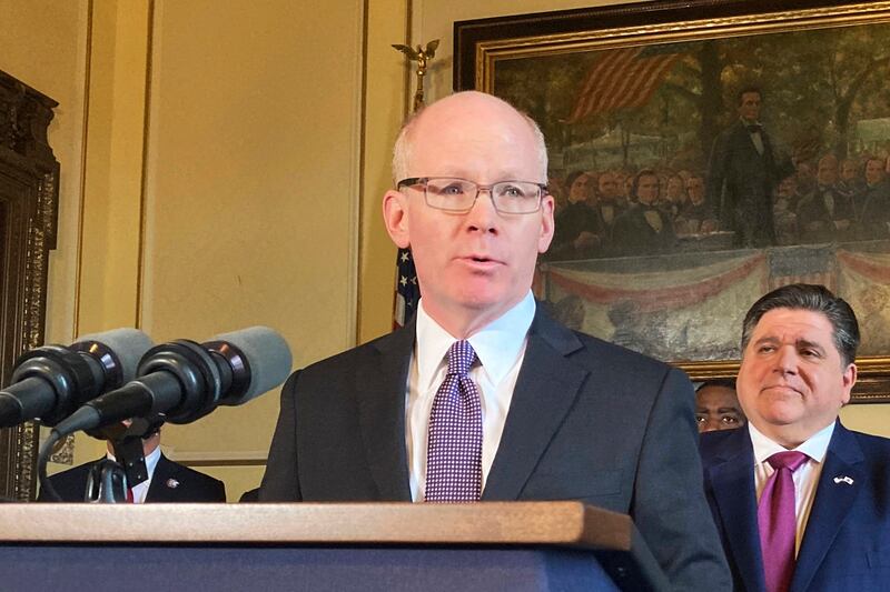 FILE - Illinois Senate President Don Harmon, D-Oak Park, speaks during a news conference, Nov. 29, 2022, in Springfield, Ill. Illinois will soon outlaw advertising for firearms that officials determine produces a public safety threat or appeals to children, militants or others who might later use them illegally, as the state continues its quest to curb mass shootings. (AP Photo/John O'Connor, File)