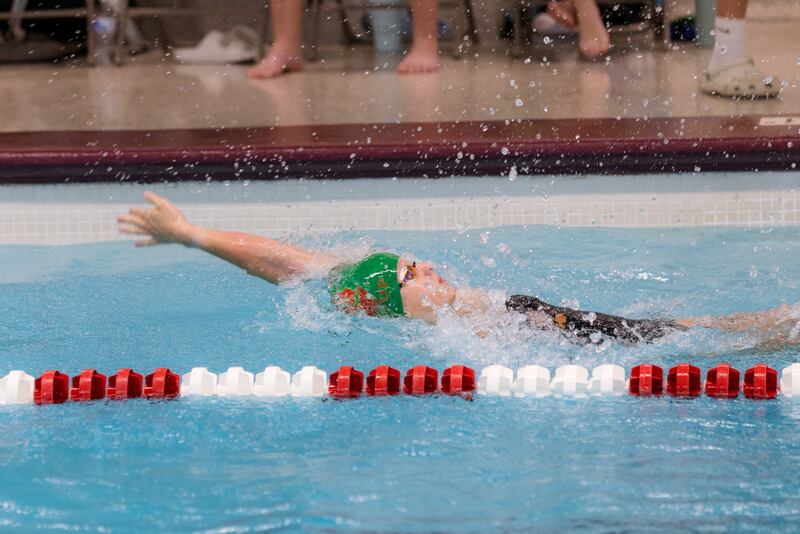 La Salle-Peru co-op's Sam Nauman swims the backstroke during the L-P Pentathlon on Saturday, Sept. 20, 2025. Nauman won the individual title and helped the Cavaliers win the team title.