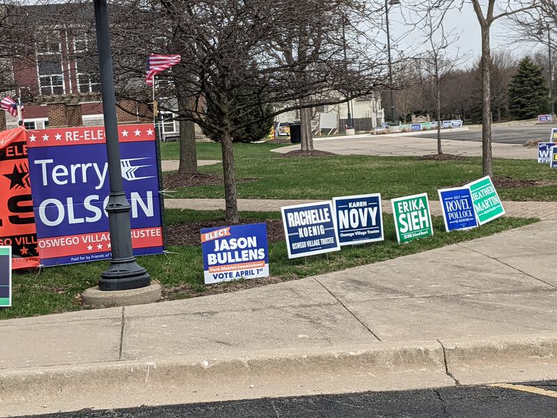 Campaign signs greeted voters as they voted Tuesday at the Oswego Village Hall.
