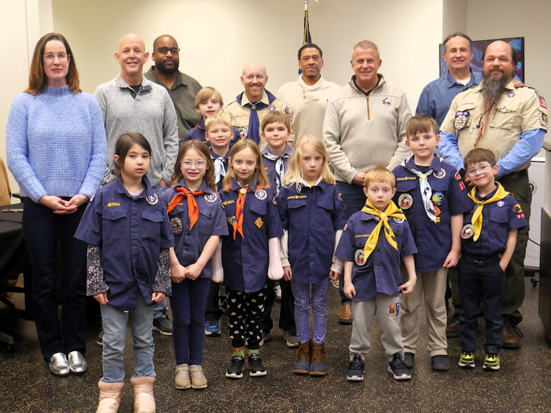 Members of Cub Scout Pack 131 pose with members of the DeKalb City Council during its regular meeting on Monday, Feb. 23, 2026, at the DeKalb Public Library.