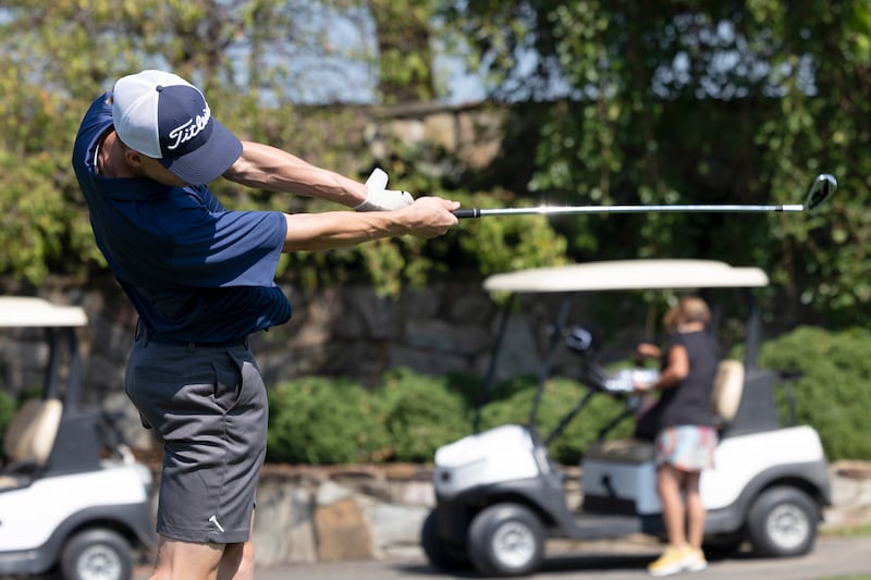 Sterling’s Grant Hartman tees off on #5 Saturday, Aug. 24, 2024, at Deer Valley.