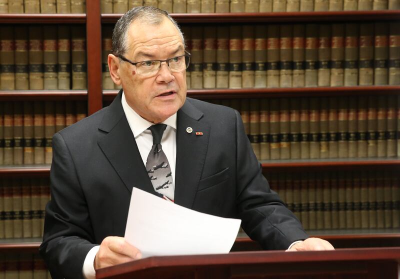 La Salle County State's Attorney Joe Navarro address the media during a news conference on Tuesday, Jan. 7, 2025, at the La Salle County Government Complex in Ottawa. Prosecutors have charged six individuals with felonies for obtaining COVID-19 relief funds under false pretenses.