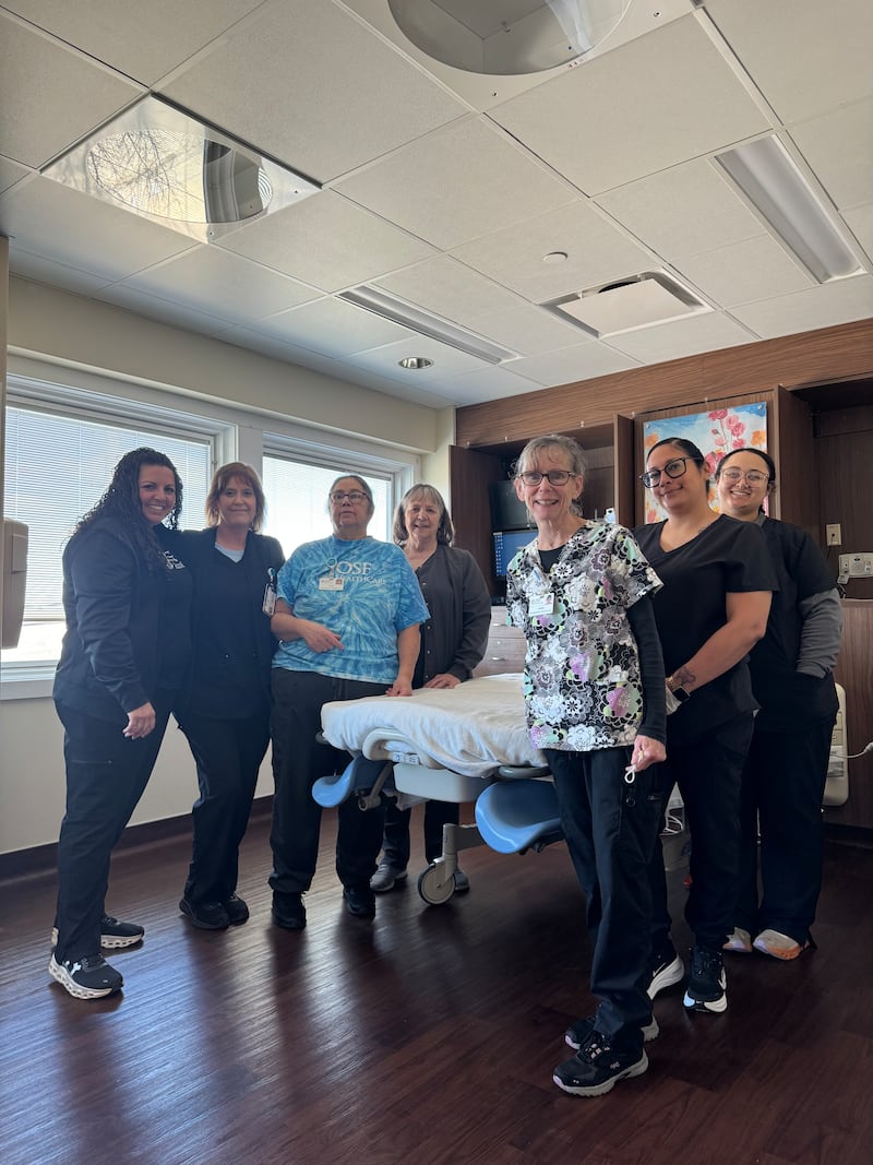 Here are (from left to right): Mindy Hochstein, Kim Webb, Julie Koenig, Pam Mohr, Connie Grobe, Cindy Maldonado and Skye Briggs from OSF Saint Katharine Medical Center in Dixon.