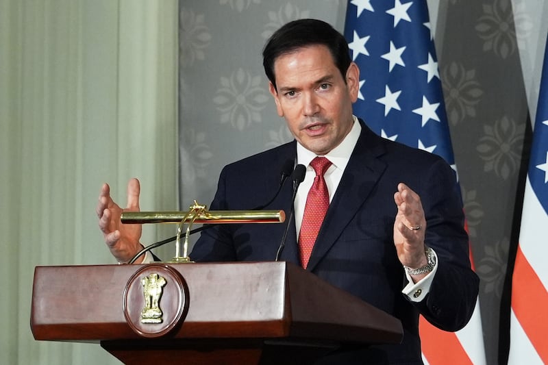 United States Secretary of State Marco Rubio speaks at a joint presser with India's Minister of External Affairs S. Jaishankar, unseen, following their talks in New Delhi, India, Sunday, May 24, 2026. (AP Photo/Julia Demaree Nikhinson, Pool)