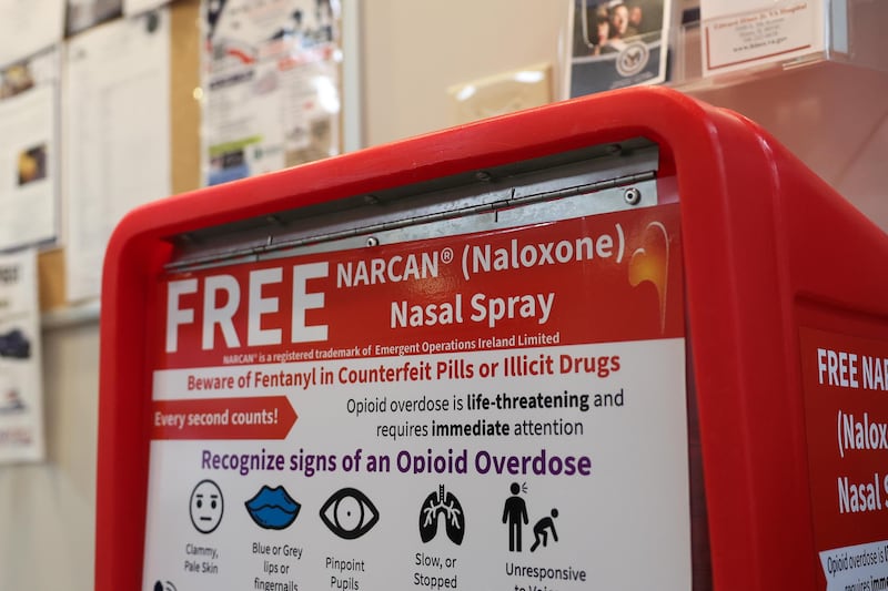A Narcan red distribution box is set up at the Veterans Assistance Commission of Will County office on Monday, August 26, 2024 in Joliet.