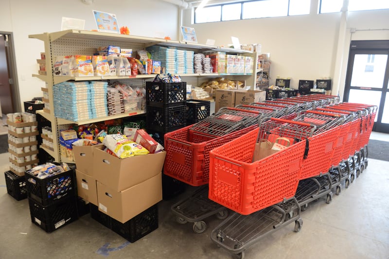 Food is stocked on shelves in the pantry of the People’s Resource Center on Friday, Feb. 14, 2025 in Wheaton.