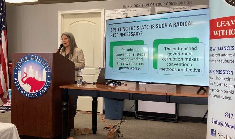 G.H. Merritt, chairman of New Illinois, speaks Saturday at the Palatine Township Republican headquarters.