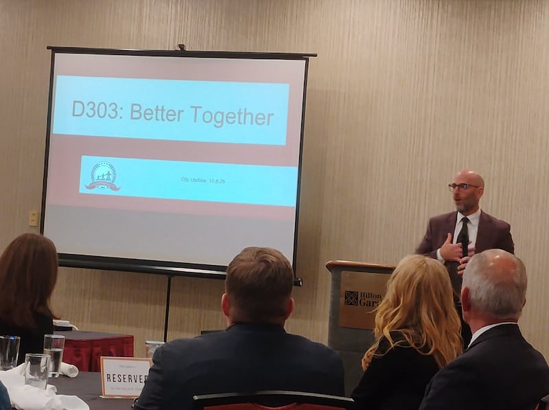 St. Charles District 303 Superintendent Paul Gordon speaks at a State of the City address Oct. 8, 2025, at the Hilton Garden Inn. The St. Charles Chamber of Commerce hosted the event.