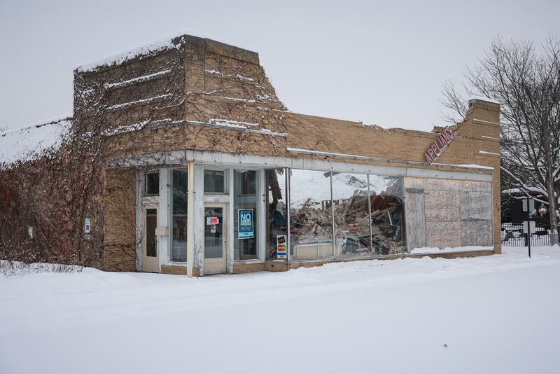 More of the roof and walls fell away the morning of Sunday, Dec. 7, 2025, at Thompson Appliance in Woodstock, according to the Woodstock Fire and Rescue District's Facebook page.