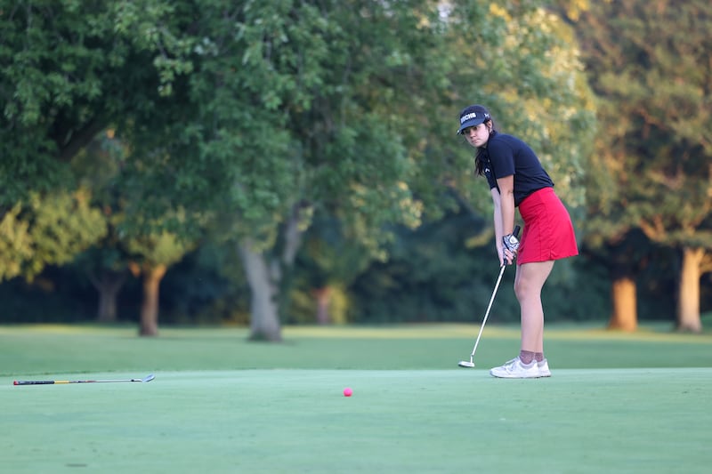 Bradley-Bourbonnais' Bea White putts on the final hole during the Boilermakers' 219-235 victory over Bishop McNamara in the All-City matchup at the Kankakee Elks Country Club on Thursday, Aug. 28, 2025.