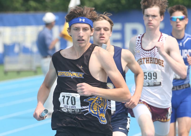 Somonauk's Gunnar Swenson competes in the 4x800 meter realay during the IHSA Class 1A Boys Track & Field State Finals on Saturday, May 31, 2025 at Eastern Illinois University in Charleston.