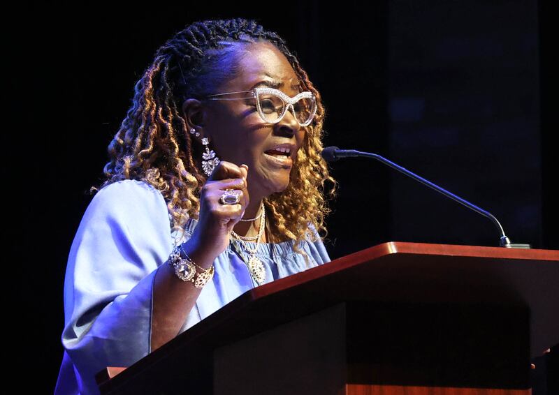 LaCretia Konan, board chair and DeKalb Chamber of Commerce and 2021 Athena Award recipient, kicks off the ceremony Thursday, Oct. 10, 2024, at the Athena and Women of Accomplishment awards reception hosted by the DeKalb Chamber of Commerce at the Egyptian Theatre.