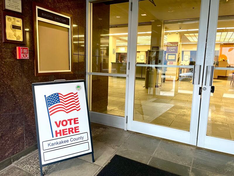 A “Vote Here” sign in front of the Kankakee County Clerk’s Office