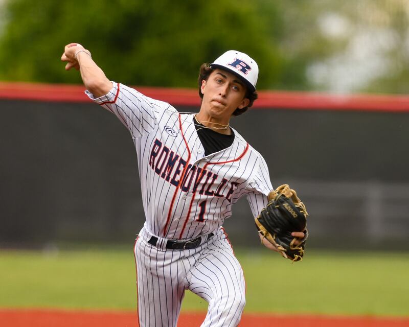 Romeoville's Jonny Lee (1) pitches during the regional game while taking on Yorkville on Thursday May 29, 2025, held at Yorkville High School.