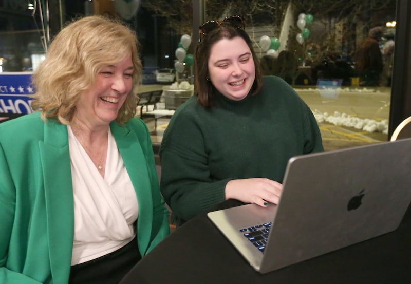 Liz Bishop candidate for State Representative in the 76th District, smiles with field organizer Lindsey Skyore on Tuesday, March 17, 2026 at the Auditorium Ballroom in La Salle.