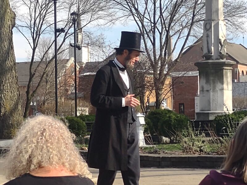Kevin J. Wood portrays Abraham Lincoln at Washington Square in Ottawa on Monday, April 10, 2023, to kick off the 175th anniversary celebration of the Illinois and Michigan Canal.