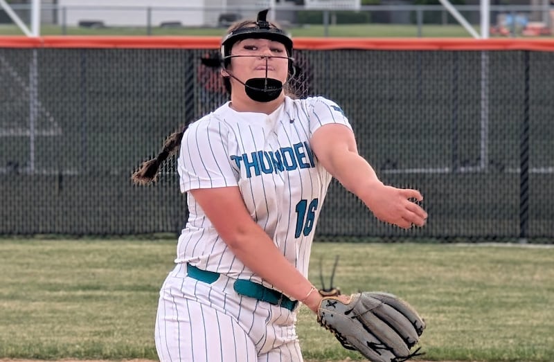 Woodstock North's Kylee Nicholson delivers a pitch against Woodstock during the teams' Class 3A regional semifinal Tuesday, May 19, 2026, at Crystal Lake Central.