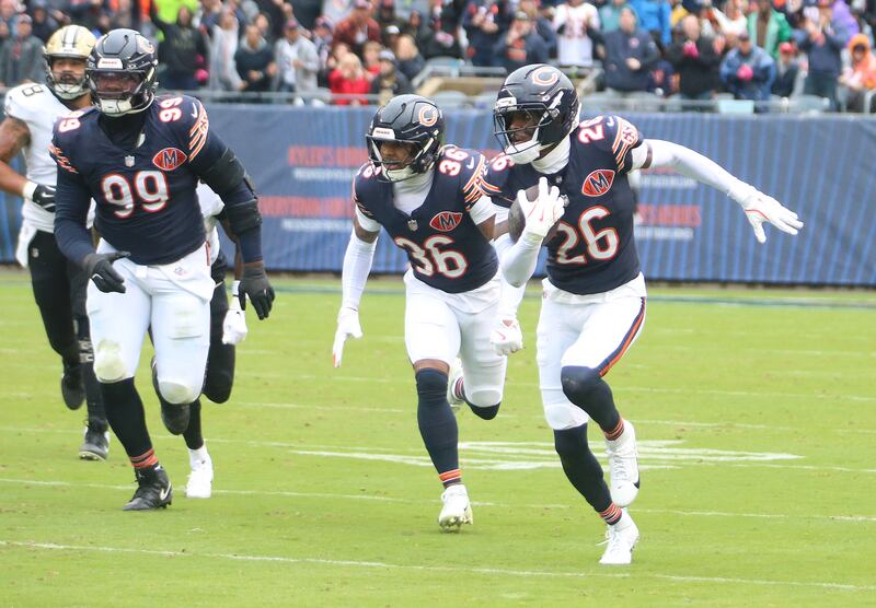 Chicago Bears defensive back Nashon Wright runs back a interception intended for New Orleans Saints wide reciever Mason Tipton on Sunday, Oct. 19, 2025 at Soldier Field in Chicago.