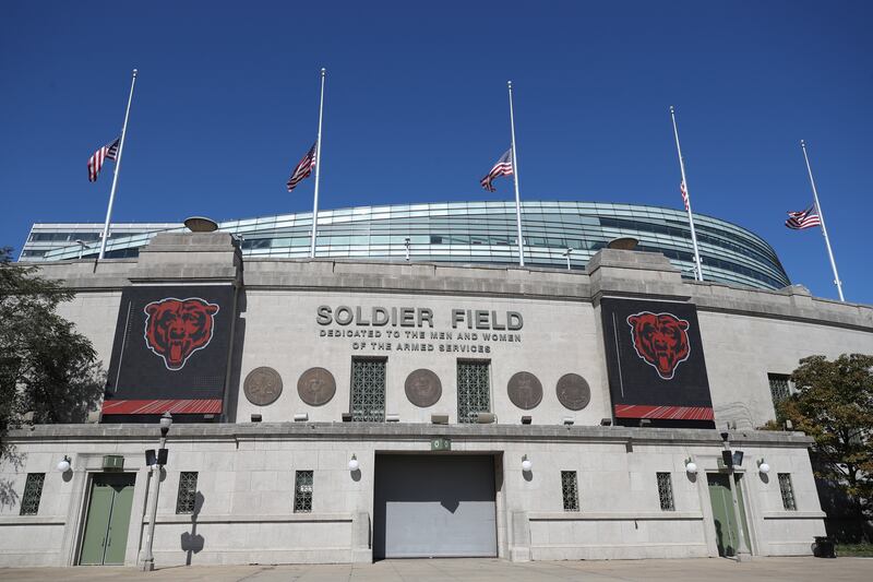 FILE - A general overall view of the exterior of Soldier Field before an NFL football game between the Chicago Bears and Indianapolis Colts, Oct. 4, 2020, in Chicago. (AP Photo/Kamil Krzaczynski, File)