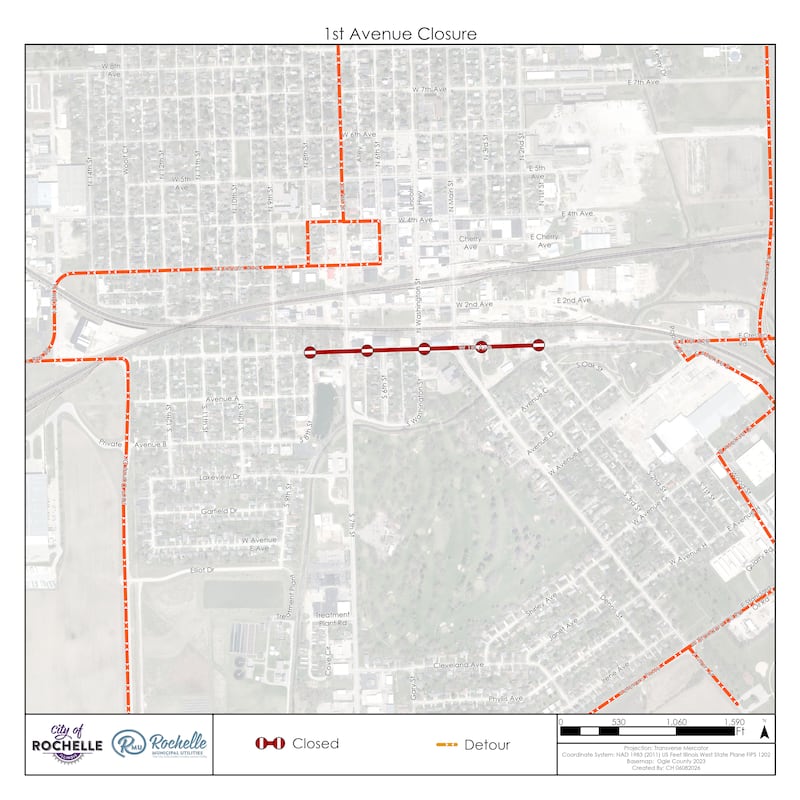 Rochelle City Engineer Sam Tesreau recently announced that First Avenue from Eighth Street to Second Street will experience intermittent lane closures to through traffic beginning June 9 at 7 a.m. and will continue over the next several weeks.