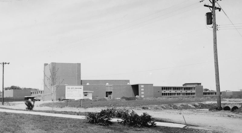 Looking from Carroll Avenue and West Locust Street, Northern Illinois University's Fine Arts Building (now the Stevens Building) being completed in May 1959.