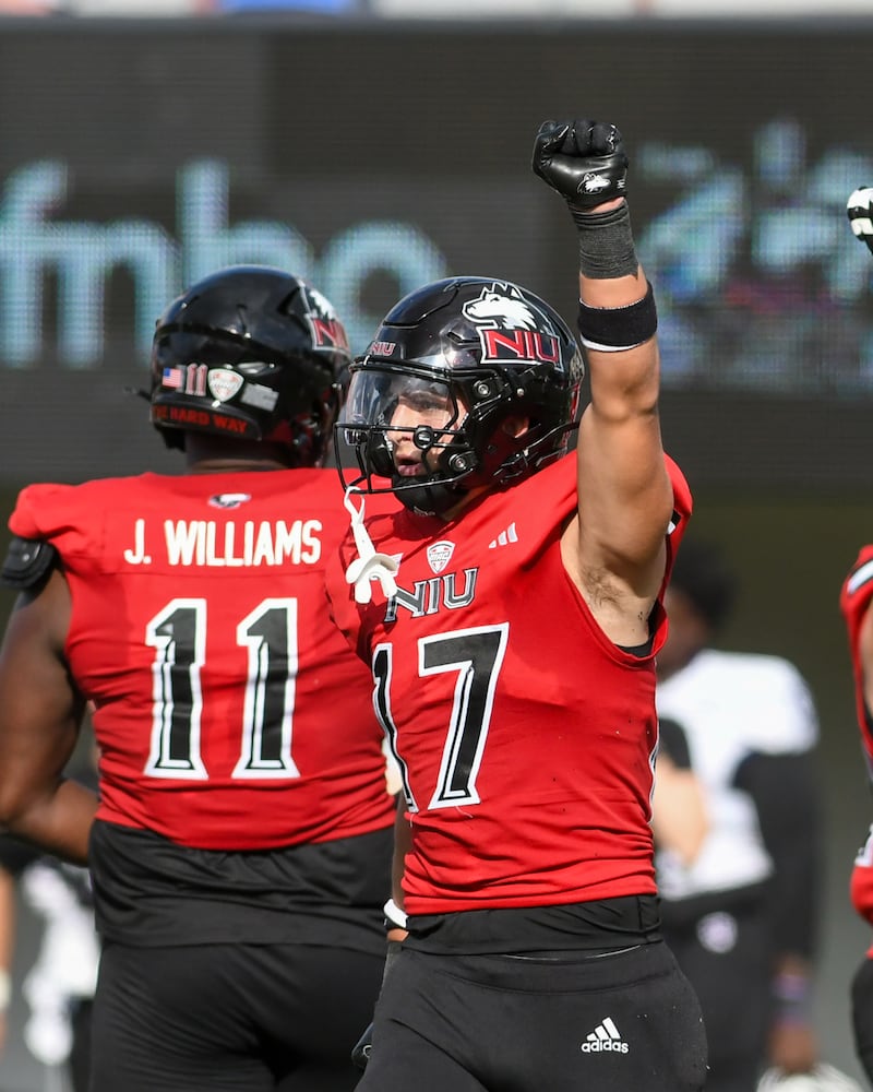 Northern Illinois University's linebacker Filip Maciorowski (17) celebrates after tackling Holy Cross’s quarter back during the game on Saturday Aug. 30, 205, held at Huskie Stadium in DeKalb.