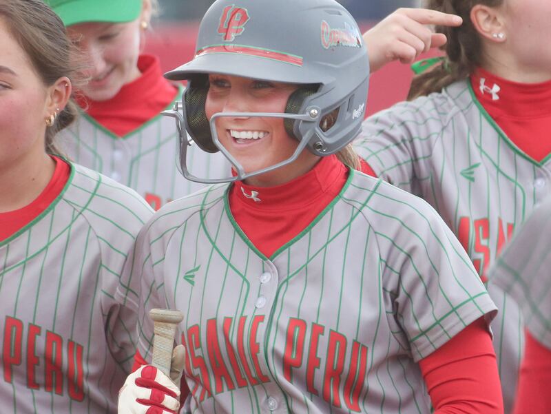 L-P's Karmen Piano reacts after hitting a solo home run against Ottawa on Monday, April 21, 2025 at the L-P Athletic Complex in La Salle.