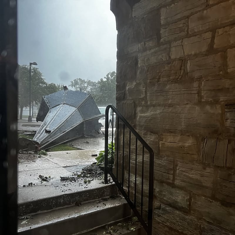 The steeple on the historic Motherhouse at University of St. Francis in Joliet was toppled in the storms on Wednesday, June 10, 2026.