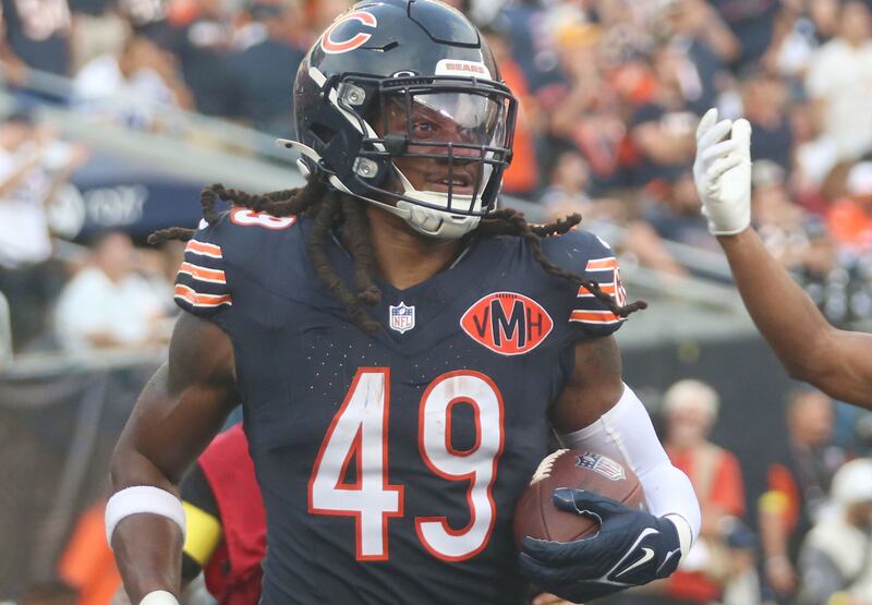 Chicago Bears line backer Tremine Edmunds smiles after making an interception against the Dallas Cowboys on Sunday, Sept. 21, 2025 at Soldier Field.