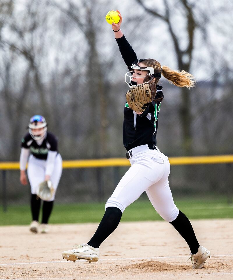 Rock Falls’ Zoey Silva fires a pitch against Rockford Lutheran Thursday, April 10, 2025.