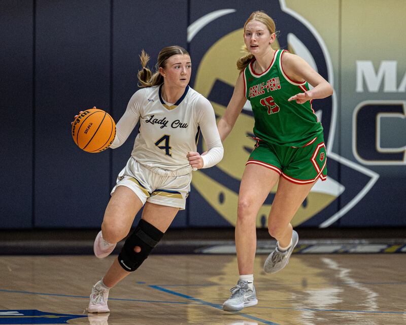 Hunter Hopkins (4) of Marquette dribbles ball down court as Margaret Boudreau (15) of LaSalle-Peru trails on Saturday, January 3, 2026 at Marquette Academy in Ottawa.