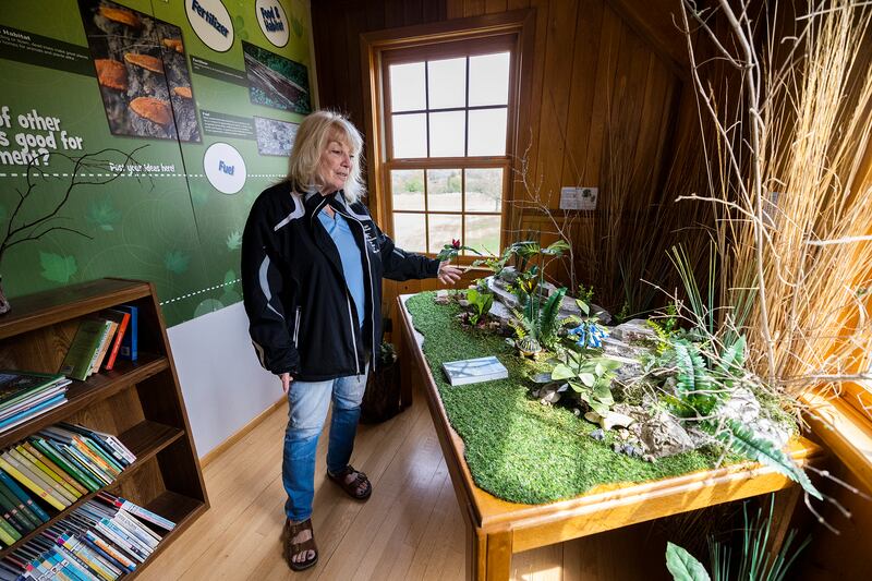 Franklin Creek Conservation Association board member Marge Dixon points out a plant display Tuesday, April 29, 2025, put together by a volunteer. A ribboncutting will take place at 10 a.m. May 3 to open the new space.
