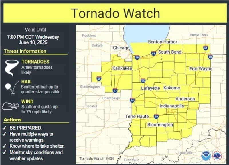 The National Weather Service has issued a tornado watch for several Illinois and Indiana counties until 7 p.m. Wednesday.