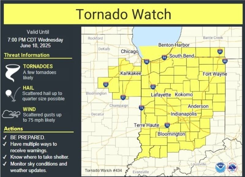 The National Weather Service has issued a tornado watch for several Illinois and Indiana counties until 7 p.m. Wednesday.