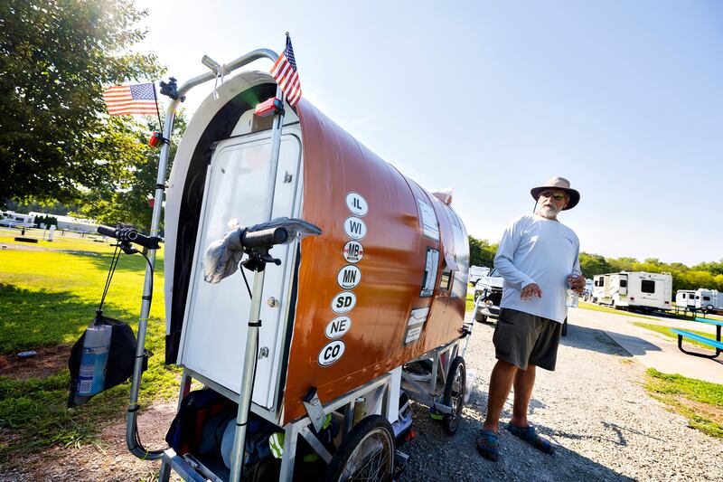 Tim Hickle’s wagon is self-designed. He uses it to sleep and haul gear for his long trek. Hickle stopped through Rock Falls on Friday, Aug. 15, 2025, on his walk to Florida.