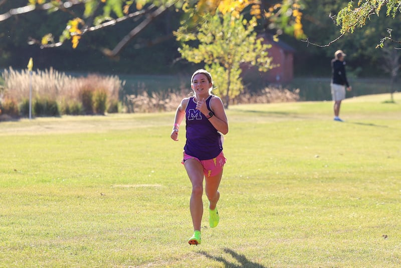 Manteno's Klarke Goranson nears the finish line in first place in the girls 3-mile race during All-Area Cross Country meet on Wednesday, Oct. 8, 2025, at Kankakee Community College. Goranson would finish in 18:02 to claim the individual win.