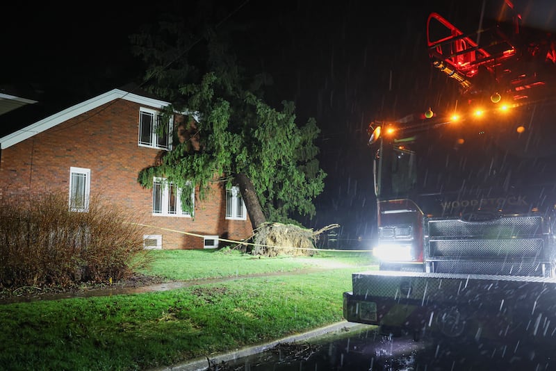 A tree fell against a house on April 2, 2026, in the Woodstock area during severe storms.