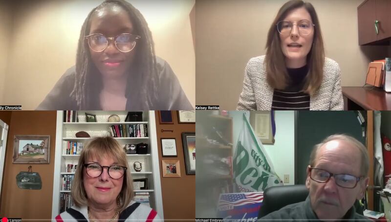 Candidates seeking to represent Ward 2 on the DeKalb City Council, incumbent Barbara Larson (bottom left) and Michael Embrey (bottom right) talk top issues with Daily Chronicle Editor Kelsey Rettke (top right) and DeKalb city reporter Megann Horstead (top left) during a virtual candidate forum on Tuesday, March 18, 2025.