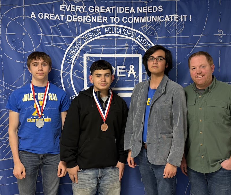 Joliet Central students (L to R) Nathaniel Gabriel, Juan Rociles Alvarado and Ozziel Lara competed on Saturday, April 11, 2026, at the 49th annual Illinois Design Educators Association State Drafting and Design Competition at Illinois State University in Normal.