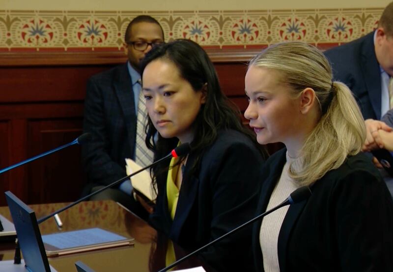 Rep. Janet Yang-Rohr, left, and Carmel Catholic High School student Libby Mangnone testify before a House committee