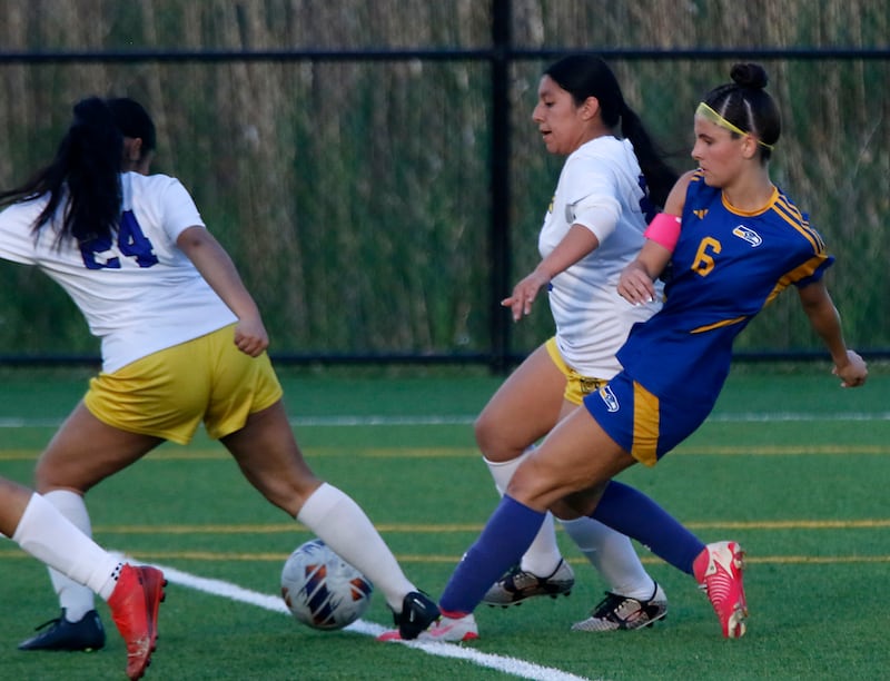 Johnsburg's Liz Smith takes a shot at the goal during an IHSA Class 1A Cristo Rey St. Martin Sectional semifinal girls soccer match against Cristo Rey St. Martin on Tuesday, May 26, 2026 at Cristo Rey St. Martin College Prep, in Waukegan.