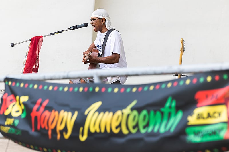 Robbie Leblanc entertains the crowd Saturday, June 22, 2024 during Sterling’s Juneteenth celebration. The event featured music, giveaways, food and vendors to recognize June 19, a day to commemorate the end of slavery in the United States.