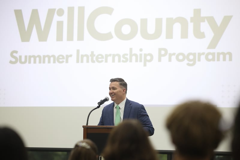 Doug Pryor, President and CEO of Will County Center for Economic Development, speaks at the celebration of the first Will County Summer Internship Program organized by the Will County Center for Economic Development on Wednesday, Aug. 7, 2024 in Joliet.