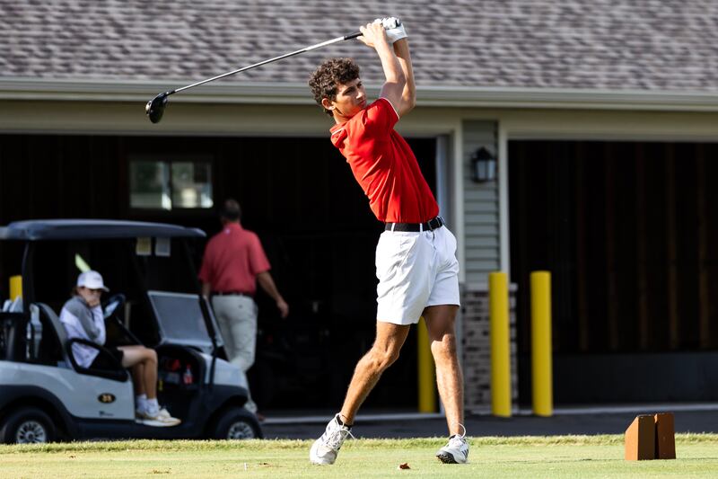 Lincoln-Way Central’s Connor Kelch tees off at the first hole during the IHSA Boys’ Class 3A Sectional at Wedgewood Golf Course in Plainfield on Oct. 6, 2025.