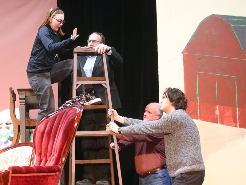 Annie Sullivan, played by Andie Kerestes; Captain Keller, played by Gary Talsky; Farmhand, played by Scott Harl and James Keller played by Isaac Alvarado rehearse a scene during "The Miracle Worker" on Thursday, March 21, 2025 at Stage 212 in La Salle.