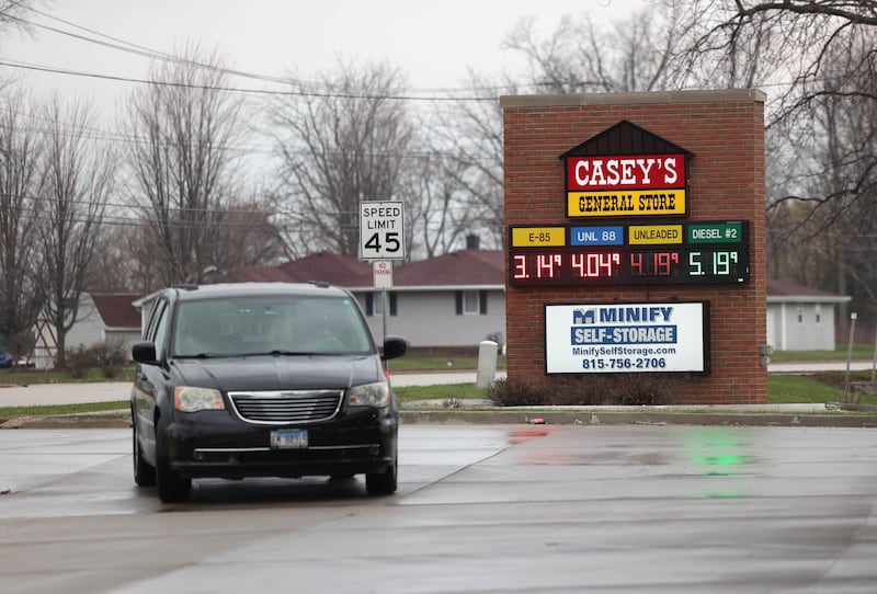 A vehicle pulls into the Casey’s on the corner of Peace Road and West Lincoln Highway Tuesday, March 31, 2026, in DeKalb.