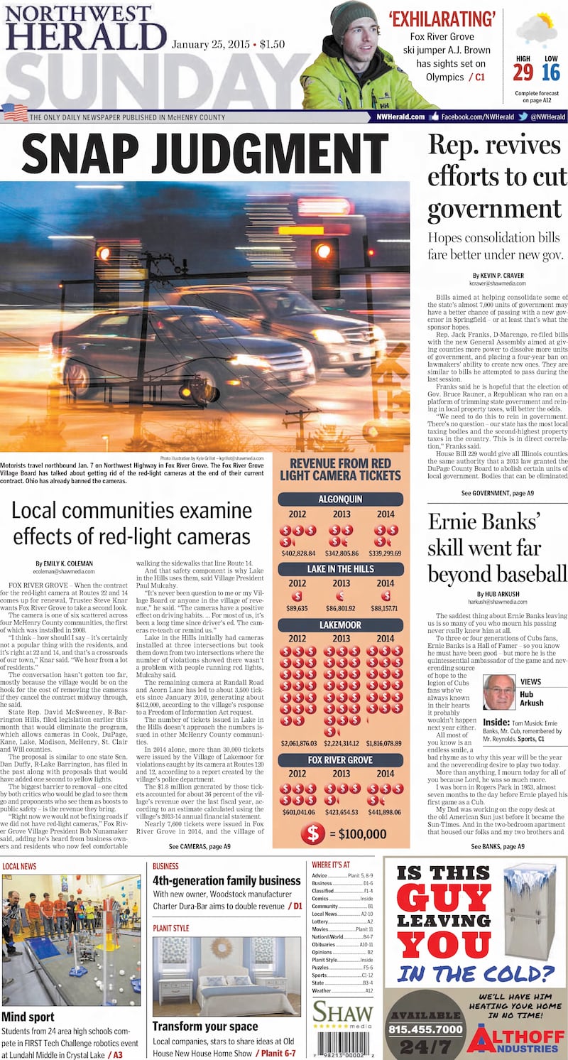 The cover of the Northwest Herald for Jan. 25, 2015